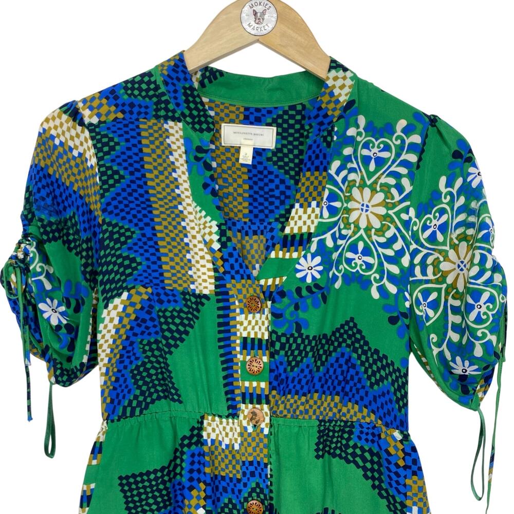 Anthropologie MOULINETTE SOEURS Silk Dress Green Blue Rainforest Morning Sz 2 - Picture 3 of 12